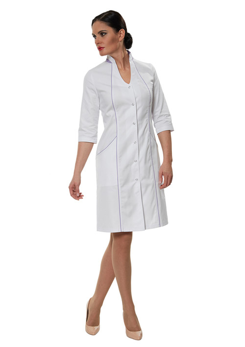 Изящный женский халат для врача LL1103 бело-сиреневый