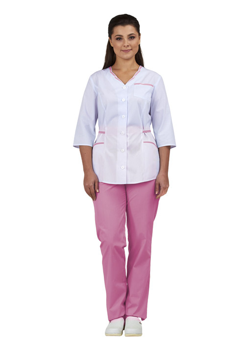 Комплект одежды женский “Ольга” (блуза и брюки) белый с розовой отделкой